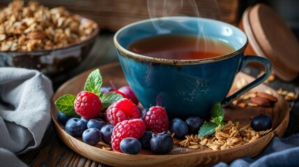 A steaming cup of herbal tea accompanied by freshly picked wild berries and homemade granola.