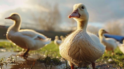 Fototapeta premium Cute duckling waddling in meadow, AI Generative.