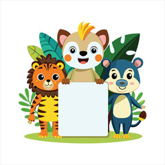 Cartoon wild animals holding blank board vector