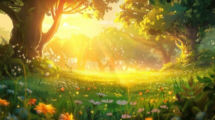 Obraz premium Magical Sunlit Forest Glade with Lush Green Grass and Wildflowers