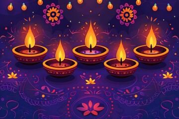 Elegant Illuminated Oil Lit Lamps, beautiful Traditional Festive Indian Background Glowing Ornaments. Festival of Lights, Happy Diwali Celebration. Greeting card for Hindu community holiday Diwali.