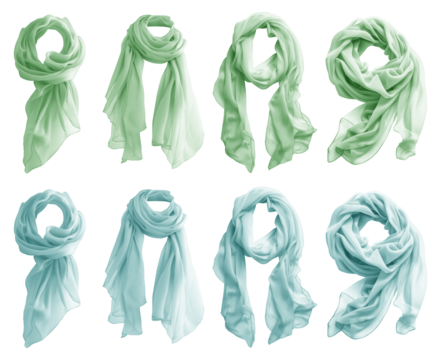 2 Set of pastel green turquoise chiffon silk silky flowy soft scarf shawl wrap, front and flat lay view on transparent cutout PNG file. Many different angle. Mockup template for artwork design
