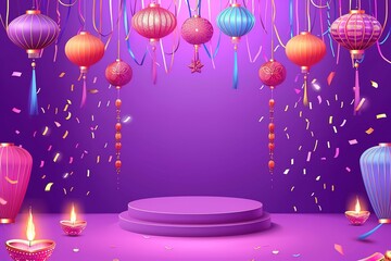 Obraz premium 3D rendering for diwali festival Diwali, Deepavali or Dipavali the festival of lights india with gold diya on podium, patterned and crystals on color Background.