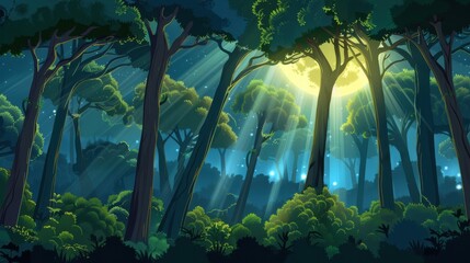 Obraz premium Enchanted Forest at Night with Full Moon and Magical Glow