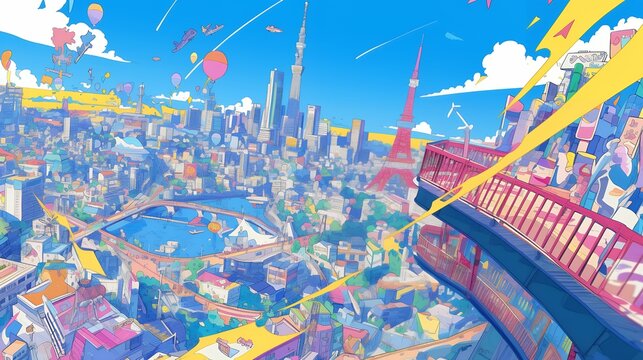 上空から見た東京のポップな風景画
