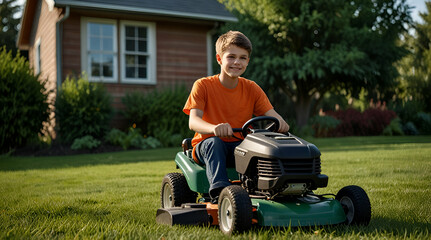 Teen boy mows the lawn mower electric, Generative.ai
