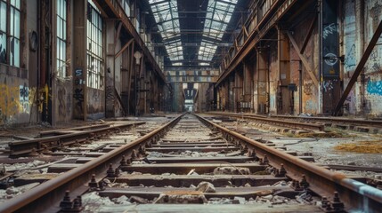 Deserted industrial plant, railway tracks inside, abandoned and empty, rust and decay everywhere, thrilling and detailed scene