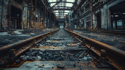Deserted industrial plant, railway tracks inside, abandoned and empty, rust and decay everywhere, thrilling and detailed scene