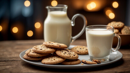 glass of milk accompanied by a plate of freshly baked cookies, with a cozy, homely setting in the background