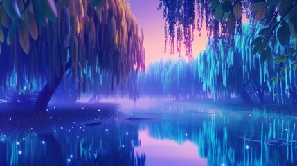 Obraz premium Magical Enchanted Forest with Glowing Lights at Night. Fantasy, Surreal Lake Scene with Willow Trees