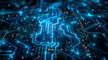 Fototapeta premium Close-up view of an intricate circuit board glowing with blue and orange lights.