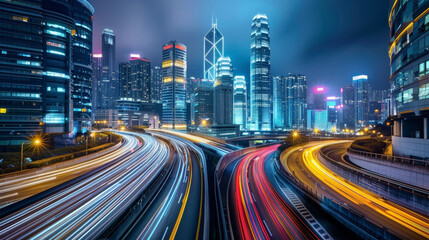 Obraz premium Dynamic night cityscape with light trails from moving cars, showcasing the energy of urban life.