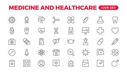 Set of Medical and Healthcare related Linear icons. healthcare, Medicine, medicine, check-up, doctor, dentistry, pharmacy, lab, scientific discovery, sign symbol icon collection.
