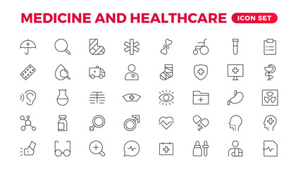 Set of Medical and Healthcare related Linear icons. healthcare, Medicine, medicine, check-up, doctor, dentistry, pharmacy, lab, scientific discovery, sign symbol icon collection.