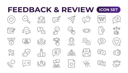 Set of Feedback, Review, and Customer Experience Outline Icon Collection. Rating, Testimonials, Quick Response, experience, Satisfaction, etc. Simple web icon illustration,