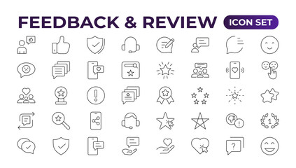 Set of Feedback, Review, and Customer Experience Outline Icon Collection. Rating, Testimonials, Quick Response, experience, Satisfaction, etc. Simple web icon illustration,