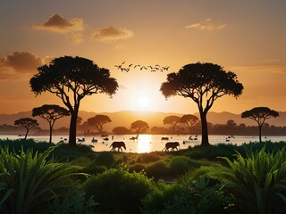 verdant landscapes and cultural icons intertwined with the warmth of a setting sun above a tranquil sea