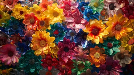 Lush flowers encased in plastic, bright and colorful, detailed textures, eco-pollution theme, strong visual impact, environmental awareness