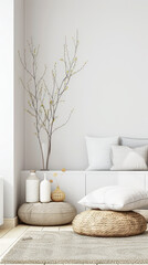 Relaxing luxury property interiors in neutral tone with bright window lighting and copy space. Residential Real Estate serene interiors design composition.