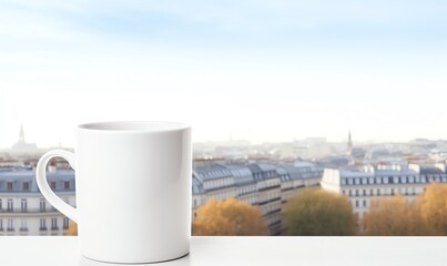 Obraz premium White Mug on Window Sill with City View
