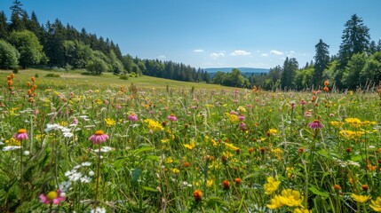 Fototapeta premium Picturesque summer meadow, colorful array of wildflowers, lush green backdrop, detailed vegetation, clear blue sky, tranquil and vibrant scene