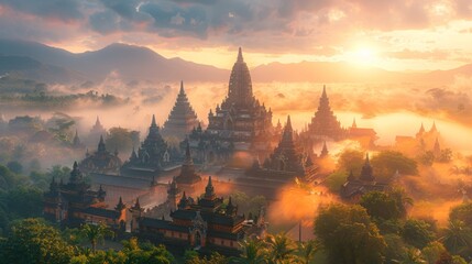 A majestic ancient temple bathed in the golden light of sunrise, surrounded by mist-covered mountains and lush greenery, evoking a sense of spirituality and cultural heritage 