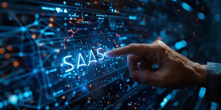 A man's hand touching the glowing letters "SAAS" embedded in a dynamic digital matrix of interconnected data streams and binary code, symbolizing software as a service innovation, copy space banner