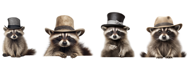 Illustration of a playful raccoon wearing a tiny hat isolated on a transparent background