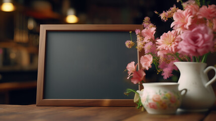Chalkboard surrounded by pastel colored flowers in a cozy coffee shop setting