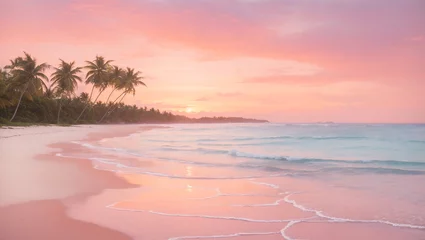 Fotobehang Zonsondergang Strand A pink and orange sunset over a sandy beach with palm trees  © Zohaib