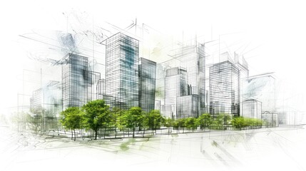 Drawing 3d architecture city building sketch lines with green tree on white background