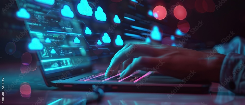 Poster hand typing on laptop with connection cloud computing data transfer