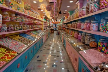 Wide variety of colorful candy displayed under bright lights in a modern candy store