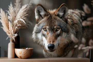 Fototapeta premium Close-up of a majestic wolf indoors surrounded by dried pampas grass and rustic decor, capturing its intense gaze in a tranquil setting.