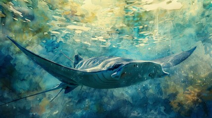 Fototapeta premium Stingray in watercolor, soft gradients of blue and green, gentle brushstrokes, detailed textures, serene underwater scene, artistic and calming