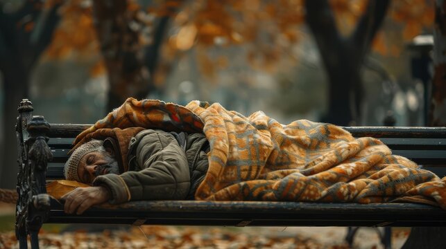 A homeless person wrapped in a blanket, sleeping on a park bench
