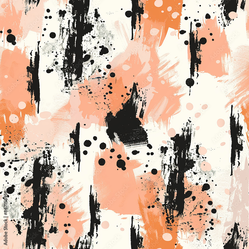 Wall mural Abstract paint splatter pattern in black, orange, and white.