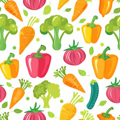 A colorful seamless pattern of various vegetables such as carrots, broccoli, and bell peppers on a white background. The bright and cheerful design is perfect for kitchen decor.