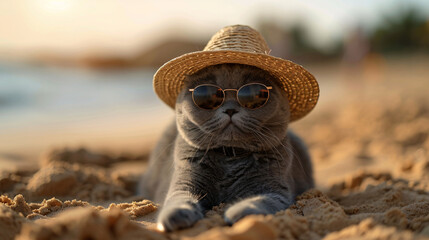 Obraz premium cute orange cat wearing sunglasses, It is sitting on the sand summer time