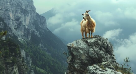 White Goat Standing on Mountain Clifftop With Clouds and Mist