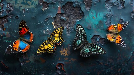 Vivid butterflies against a dark, textured background, bright hues, plenty of copy space, detailed wing patterns, striking and sophisticated