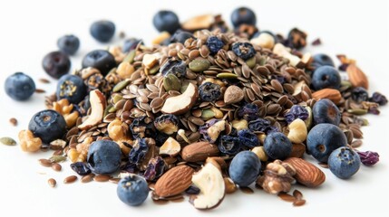Obraz premium Not just for the birds a mix of foraged hickory nuts flax seeds and dried blueberries creates an energizing and nutritious snack for humans too.