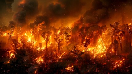 An intense wildfire raging through a forest, with bright orange flames and thick smoke engulfing trees and vegetation