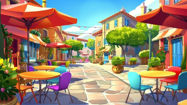 Fototapeta Charming European street cafe with chairs, tables and umbrellas, vibrant cartoon illustration of summer cityscape. Perfect for children's books, animation, games.