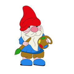 Vector image of a cute artist dwarf is painting with brush.