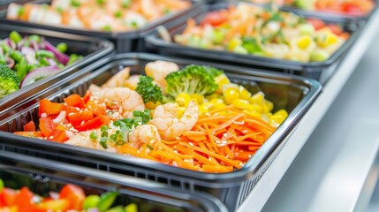 Rows of disposable lunch boxes, each containing different meals, ready for delivery, vibrant food colors, neat and hygienic presentation