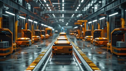 Fototapeta premium Modern automated warehouse with robotic machinery and conveyor belts. High-tech facility for efficient logistics and production processes.