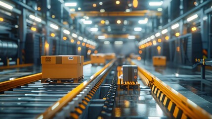 Automated warehouse with conveyor belts transporting packages, showcasing modern logistics and advanced technology.