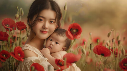 A heartwarming image of a beautiful Asian mother lovingly cradling her sleeping baby, surrounded by vibrant pink flowers, capturing a moment of pure tenderness and serenity.