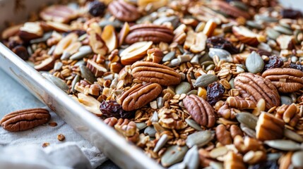 Obraz premium Perfect for fueling an outdoor adventure a homemade mix of foraged pecans sunflower seeds and raisins provides a tasty and healthy boost of energy.